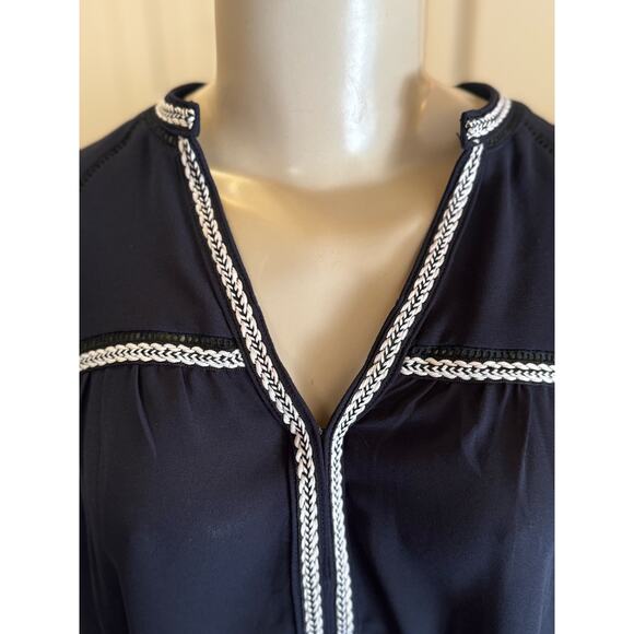 Greylin Split Neck Long Sleeve Crochet Trim Hook & Eye Chiffon Blouse Navy - Picture 4 of 7